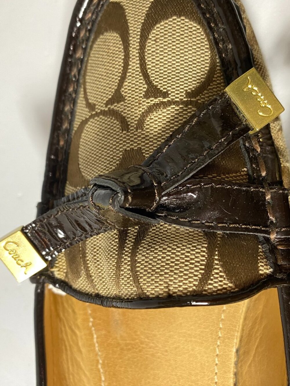 COACH Frida Signature Monogram Logo Canvas Bow Loafer Flats Black Patent Trim 8 - Picture 9 of 11